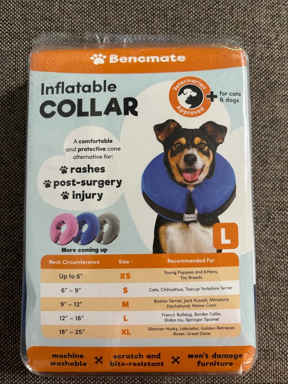 Bencmate inflatable dog collar for use after surgery, injury. Various sizes.